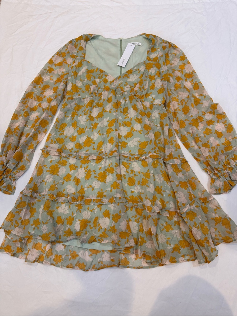 Timing Mint Green Floral Mini Dress with Mustard Accents